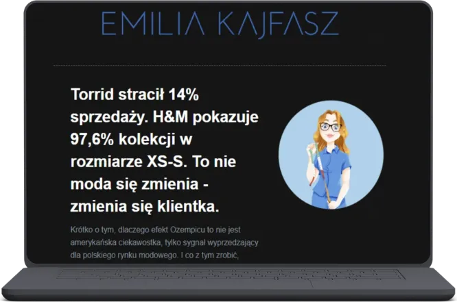 Podgląd newslettera Emilii Kajfasz na laptopie